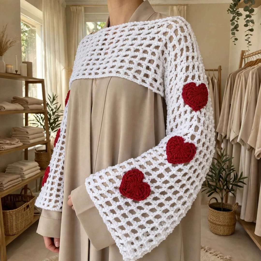 Handmade Crochet White Half Top with Bell Sleeves and Heart Motifs