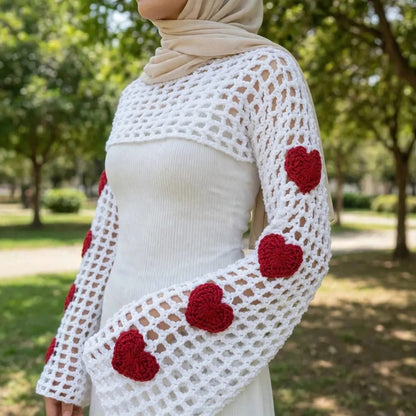 Handmade Crochet White Half Top with Bell Sleeves and Heart Motifs