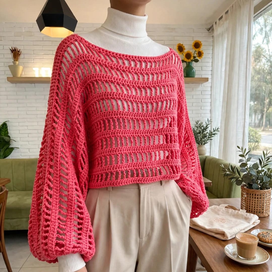 Handmade Crochet Pink Top with Long Sleeves and Round Neck