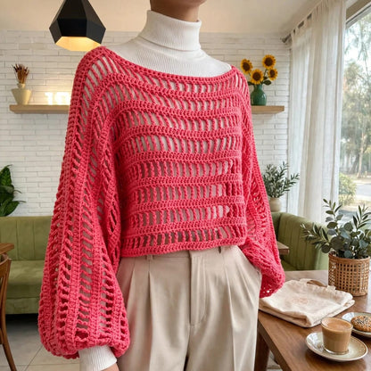 Handmade Crochet Pink Top with Long Sleeves and Round Neck