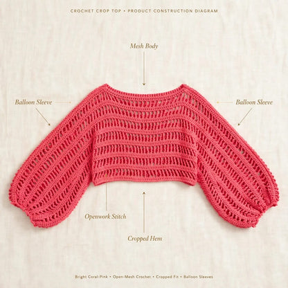 Handmade Crochet Pink Top with Long Sleeves and Round Neck