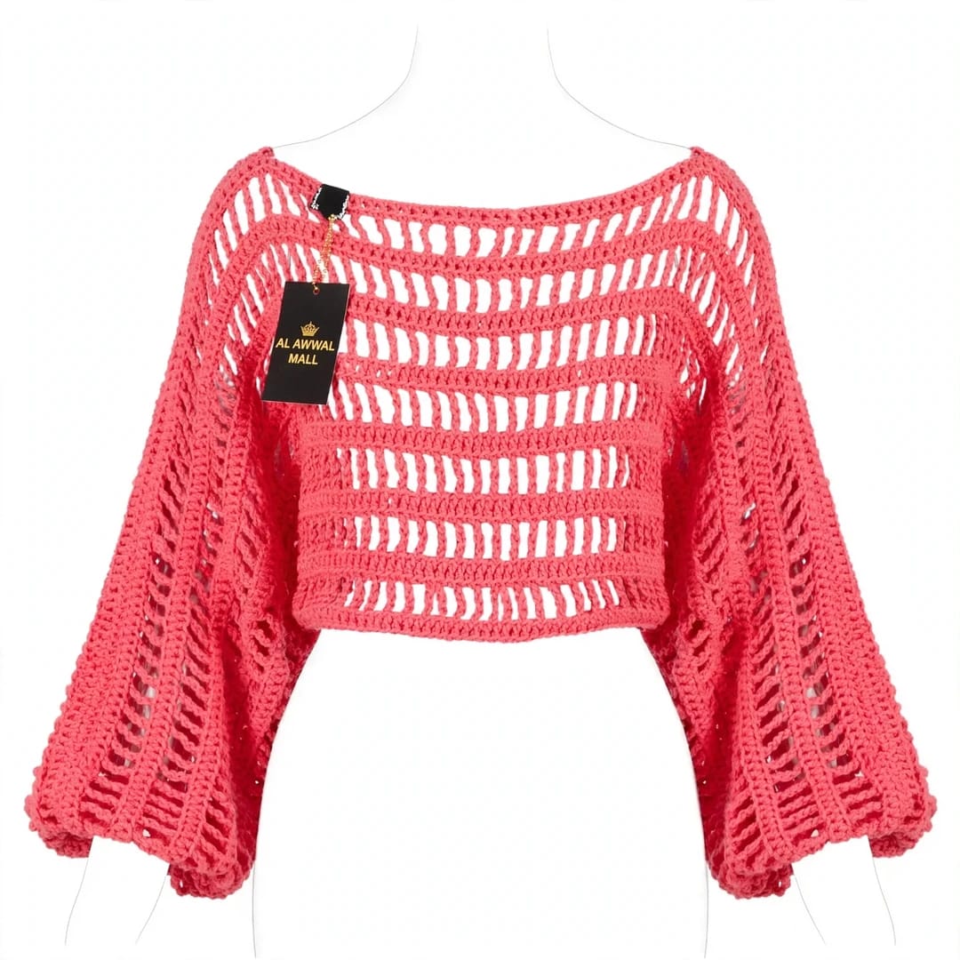 Handmade Crochet Pink Top with Long Sleeves and Round Neck