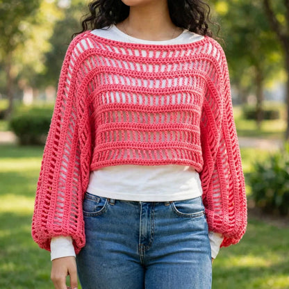 Handmade Crochet Pink Top with Long Sleeves and Round Neck