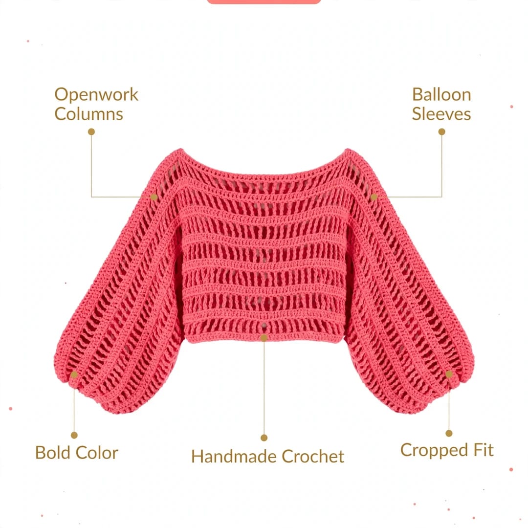 Handmade Crochet Pink Top with Long Sleeves and Round Neck