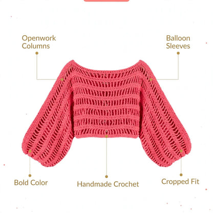 Handmade Crochet Pink Top with Long Sleeves and Round Neck