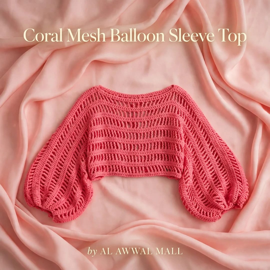 Handmade Crochet Pink Top with Long Sleeves and Round Neck