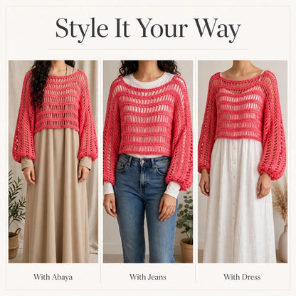 Handmade Crochet Pink Top with Long Sleeves and Round Neck