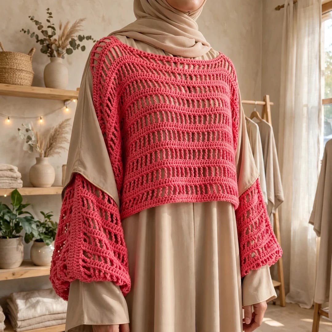 Handmade Crochet Pink Top with Long Sleeves and Round Neck
