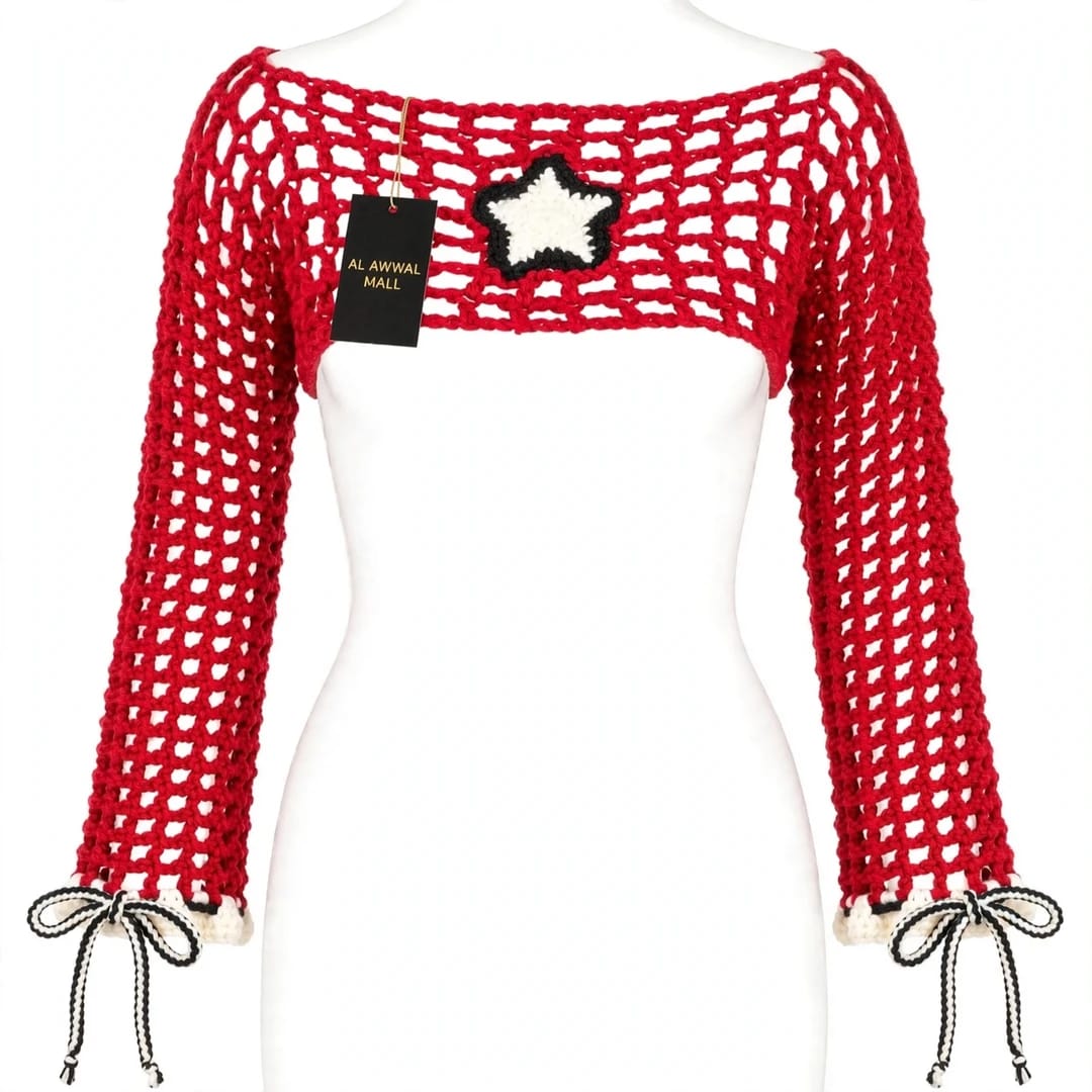 Handmade Crochet Red High-Low Top with Bell Sleeves and Starfish Tag