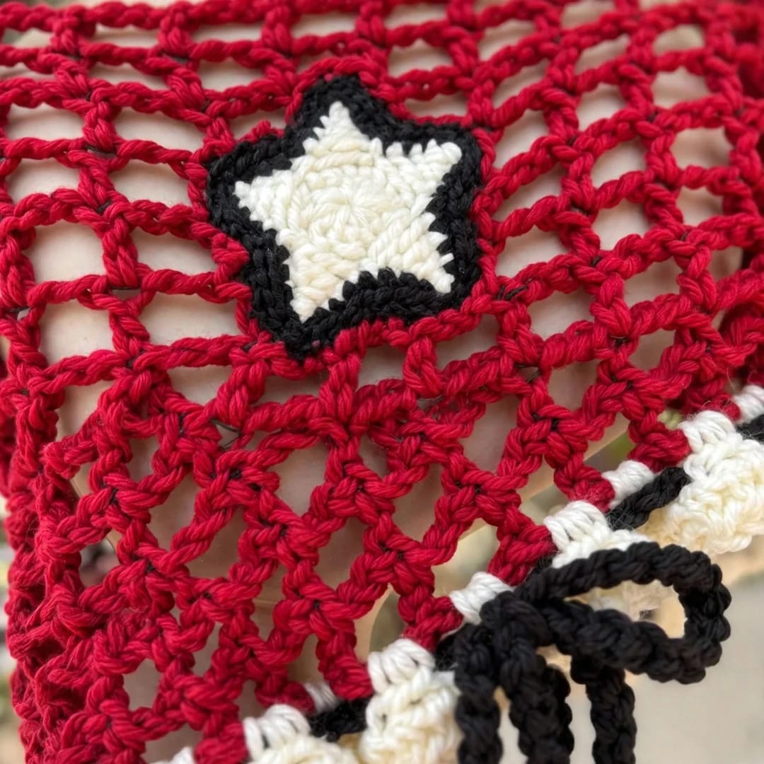Handmade Crochet Red High-Low Top with Bell Sleeves and Starfish Tag