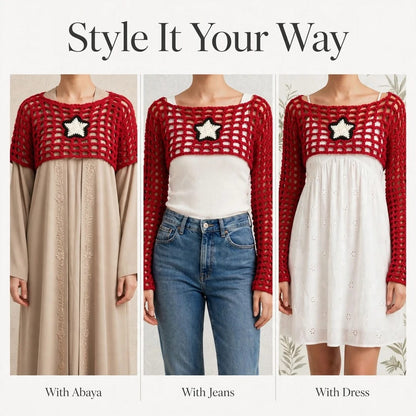Handmade Crochet Red High-Low Top with Bell Sleeves and Starfish Tag