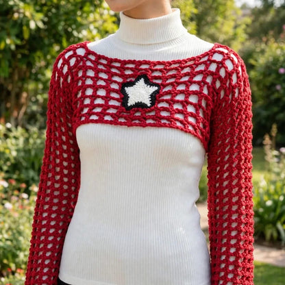 Handmade Crochet Red High-Low Top with Bell Sleeves and Starfish Tag