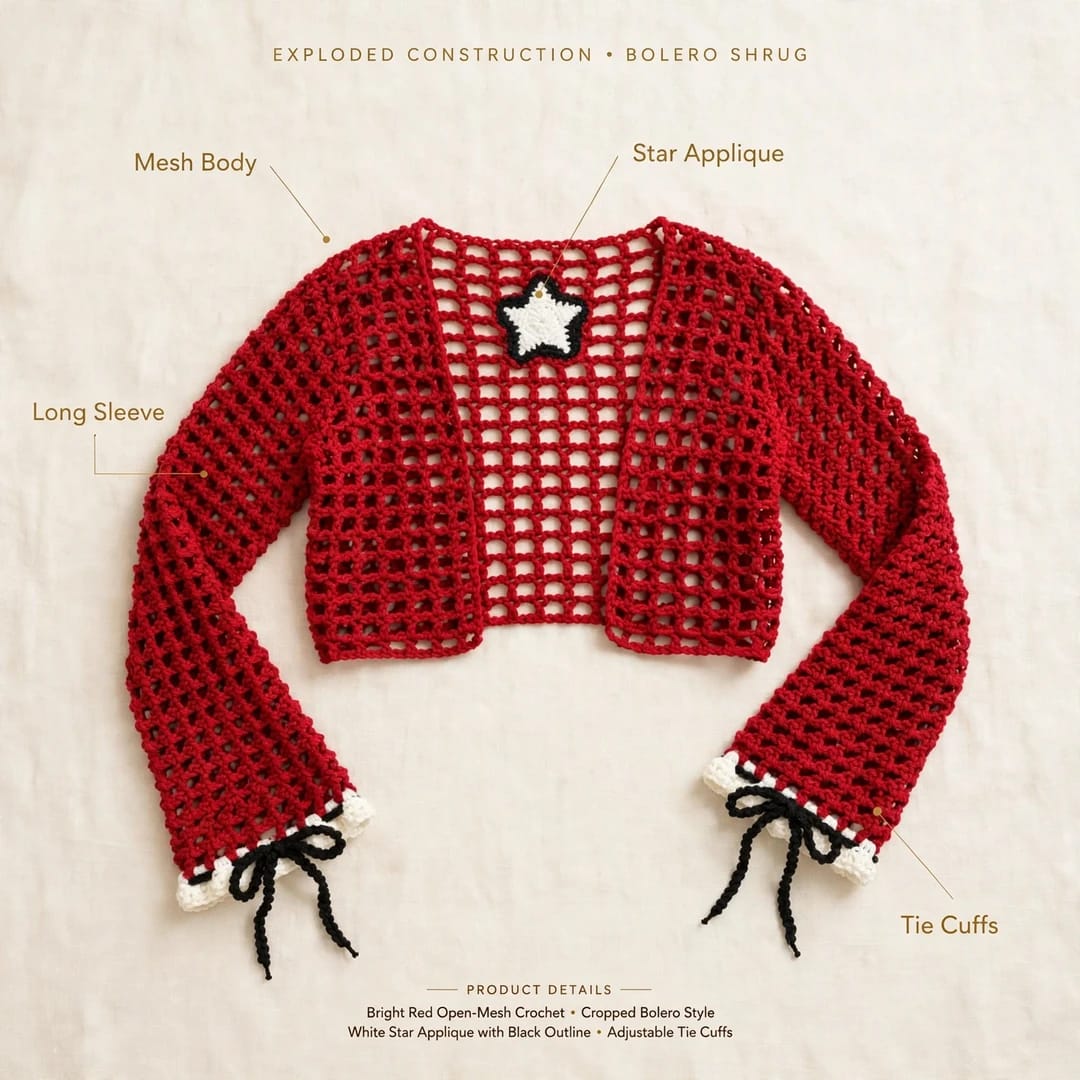 Handmade Crochet Red High-Low Top with Bell Sleeves and Starfish Tag