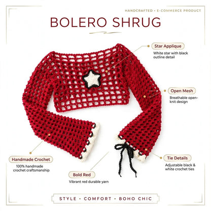 Handmade Crochet Red High-Low Top with Bell Sleeves and Starfish Tag