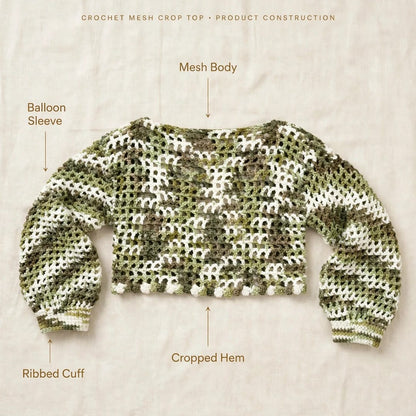 Handmade Crochet Top in Mixed Green and White with Ribbed Cuffs