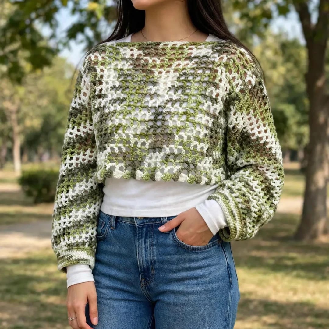 Handmade Crochet Top in Mixed Green and White with Ribbed Cuffs