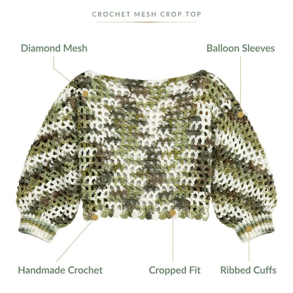 Handmade Crochet Top in Mixed Green and White with Ribbed Cuffs