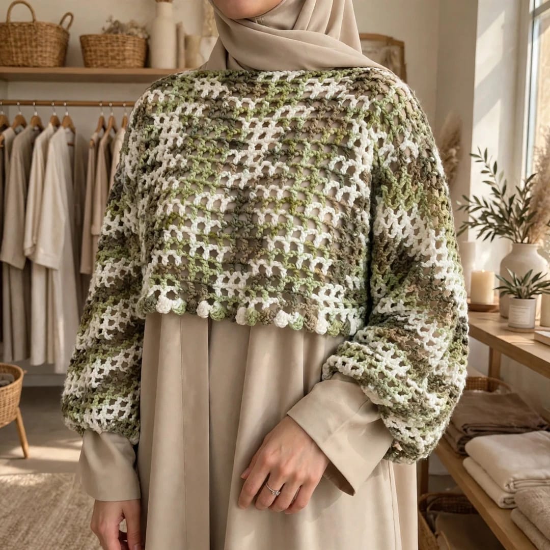 Handmade Crochet Top in Mixed Green and White with Ribbed Cuffs