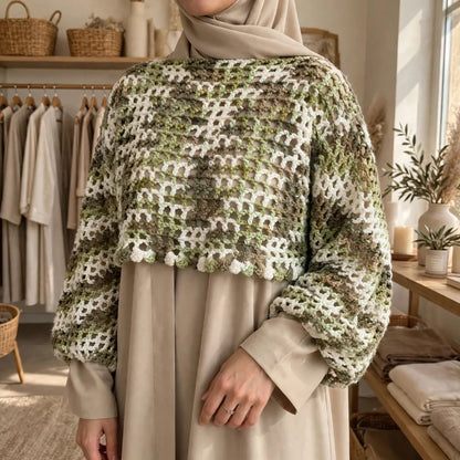 Handmade Crochet Top in Mixed Green and White with Ribbed Cuffs
