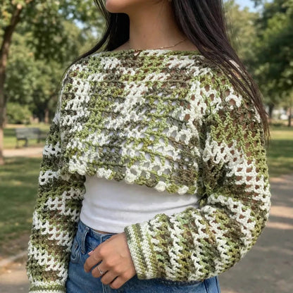 Handmade Crochet Top in Mixed Green and White with Ribbed Cuffs