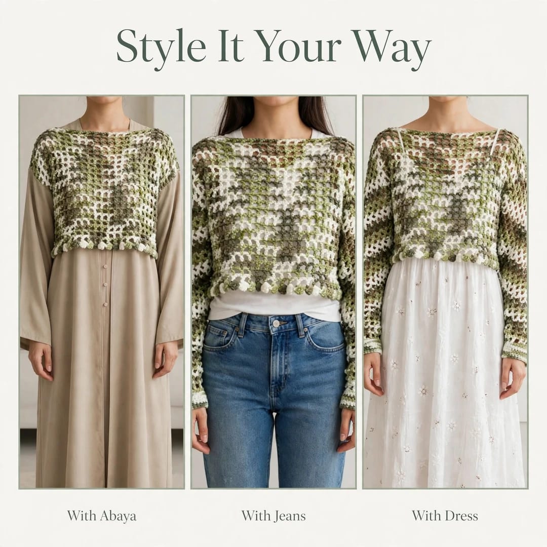Handmade Crochet Top in Mixed Green and White with Ribbed Cuffs