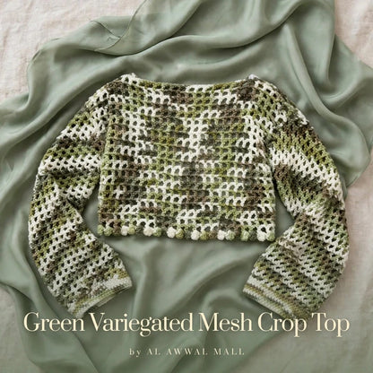 Handmade Crochet Top in Mixed Green and White with Ribbed Cuffs