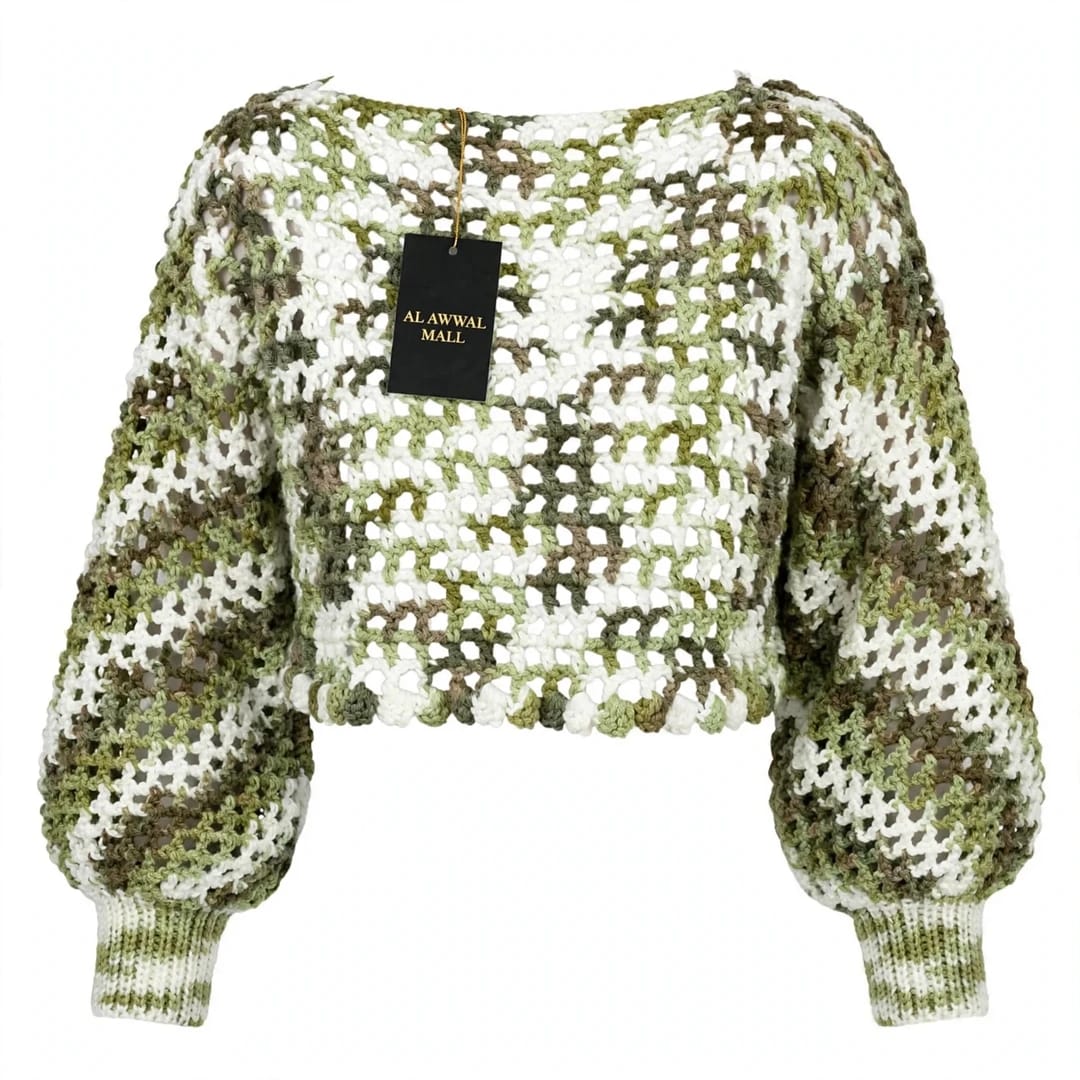 Handmade Crochet Top in Mixed Green and White with Ribbed Cuffs