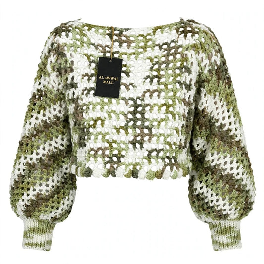 Handmade Crochet Top in Mixed Green and White with Ribbed Cuffs