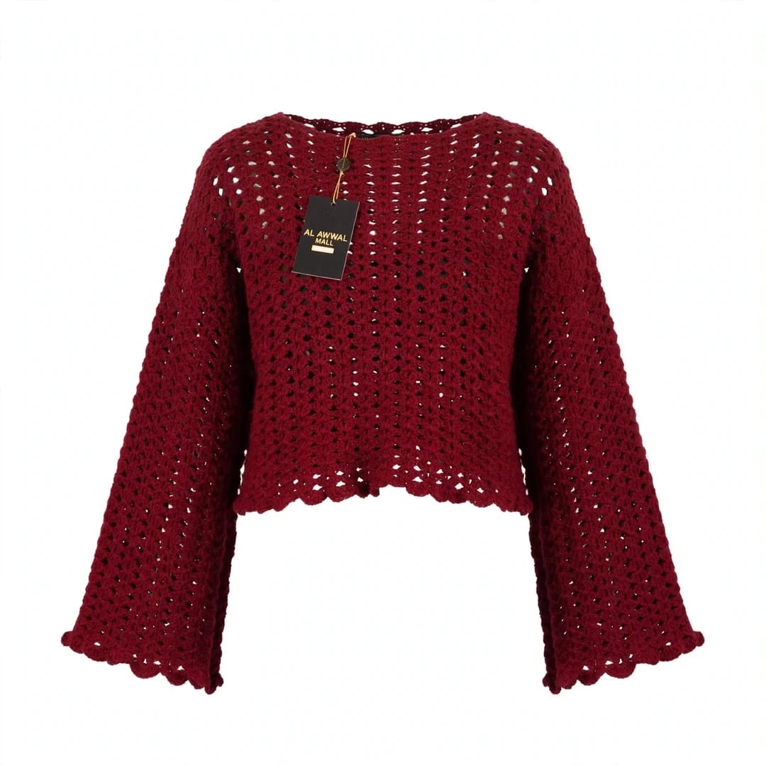 Handmade Crochet Maroon Top with Ruffle Details and Long Bell Sleeves