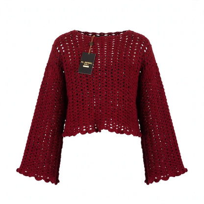 Handmade Crochet Maroon Top with Ruffle Details and Long Bell Sleeves