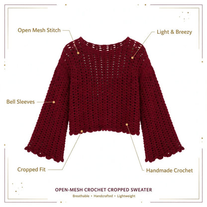 Handmade Crochet Maroon Top with Ruffle Details and Long Bell Sleeves