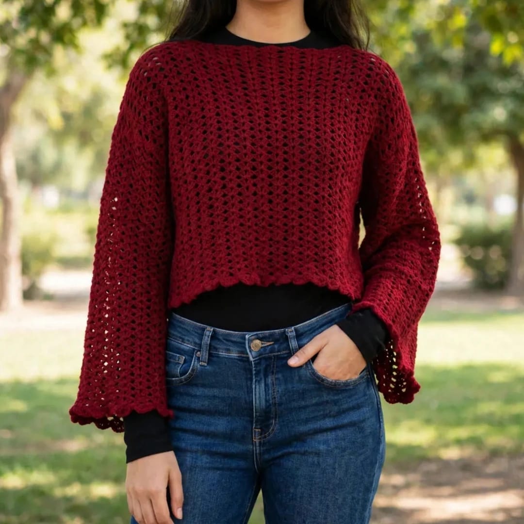 Handmade Crochet Maroon Top with Ruffle Details and Long Bell Sleeves