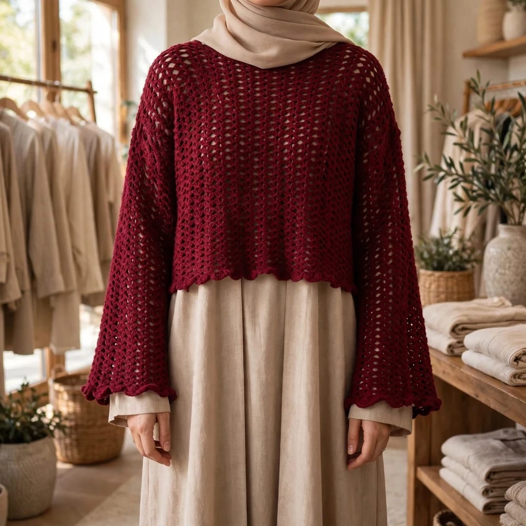 Handmade Crochet Maroon Top with Ruffle Details and Long Bell Sleeves