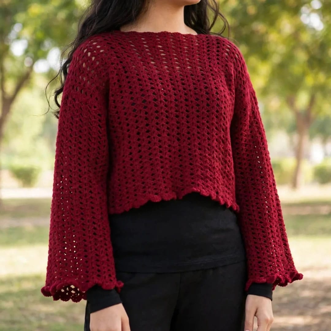 Handmade Crochet Maroon Top with Ruffle Details and Long Bell Sleeves