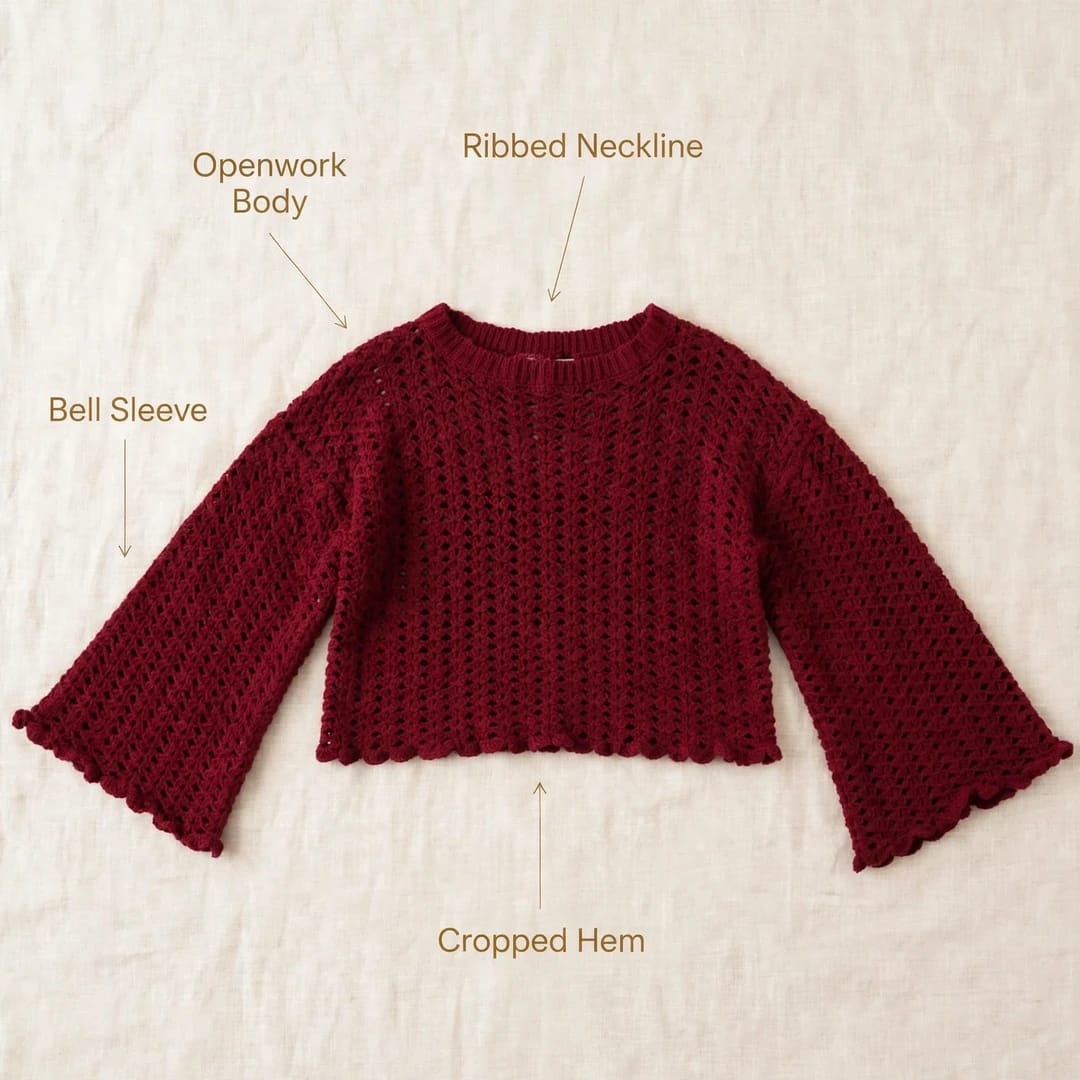 Handmade Crochet Maroon Top with Ruffle Details and Long Bell Sleeves