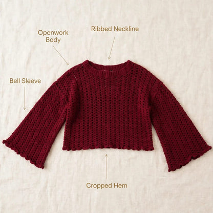 Handmade Crochet Maroon Top with Ruffle Details and Long Bell Sleeves