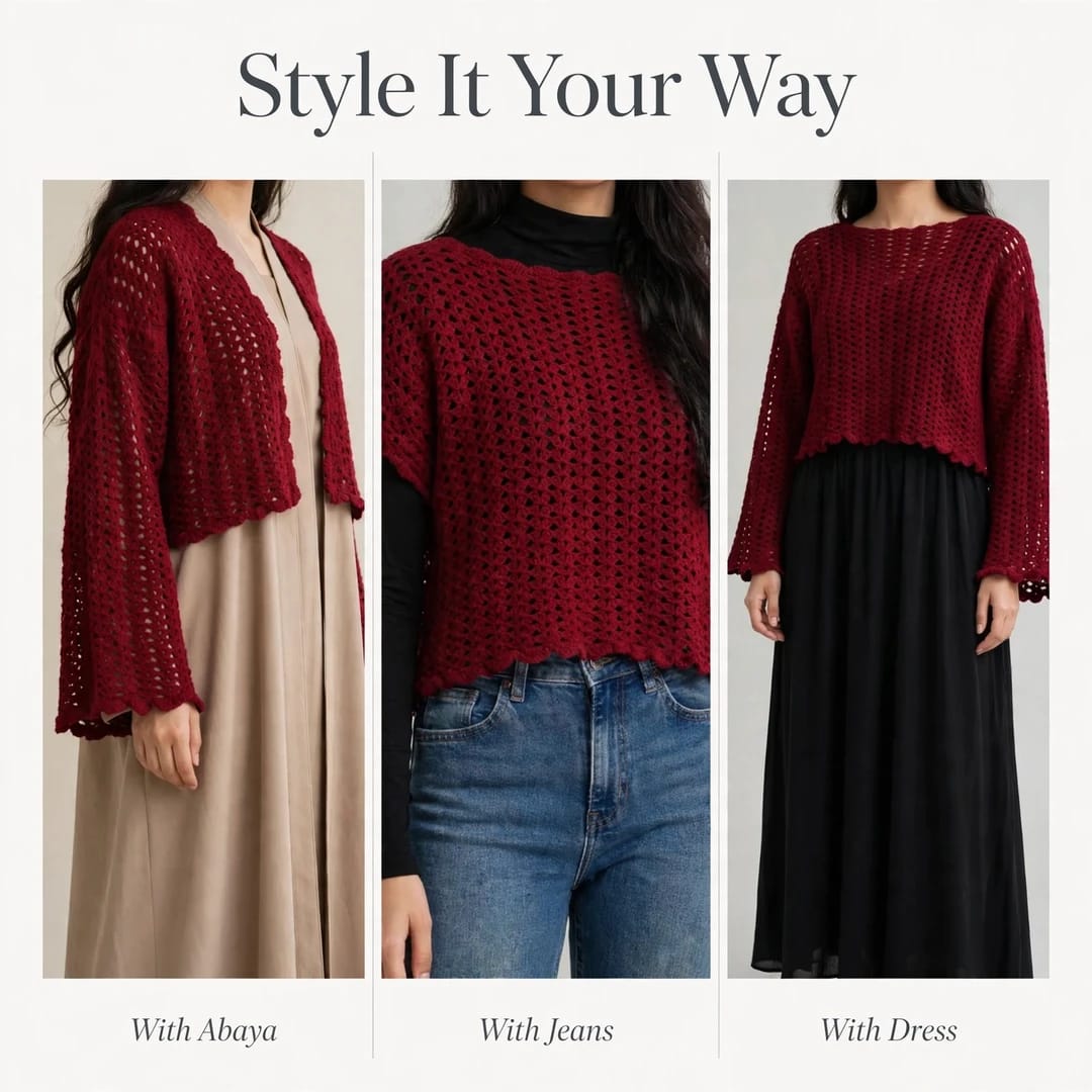 Handmade Crochet Maroon Top with Ruffle Details and Long Bell Sleeves