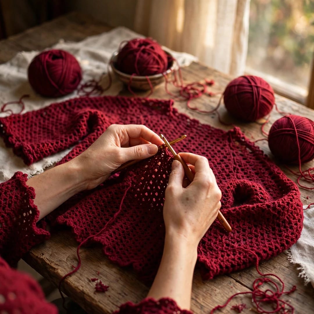 Handmade Crochet Maroon Top with Ruffle Details and Long Bell Sleeves
