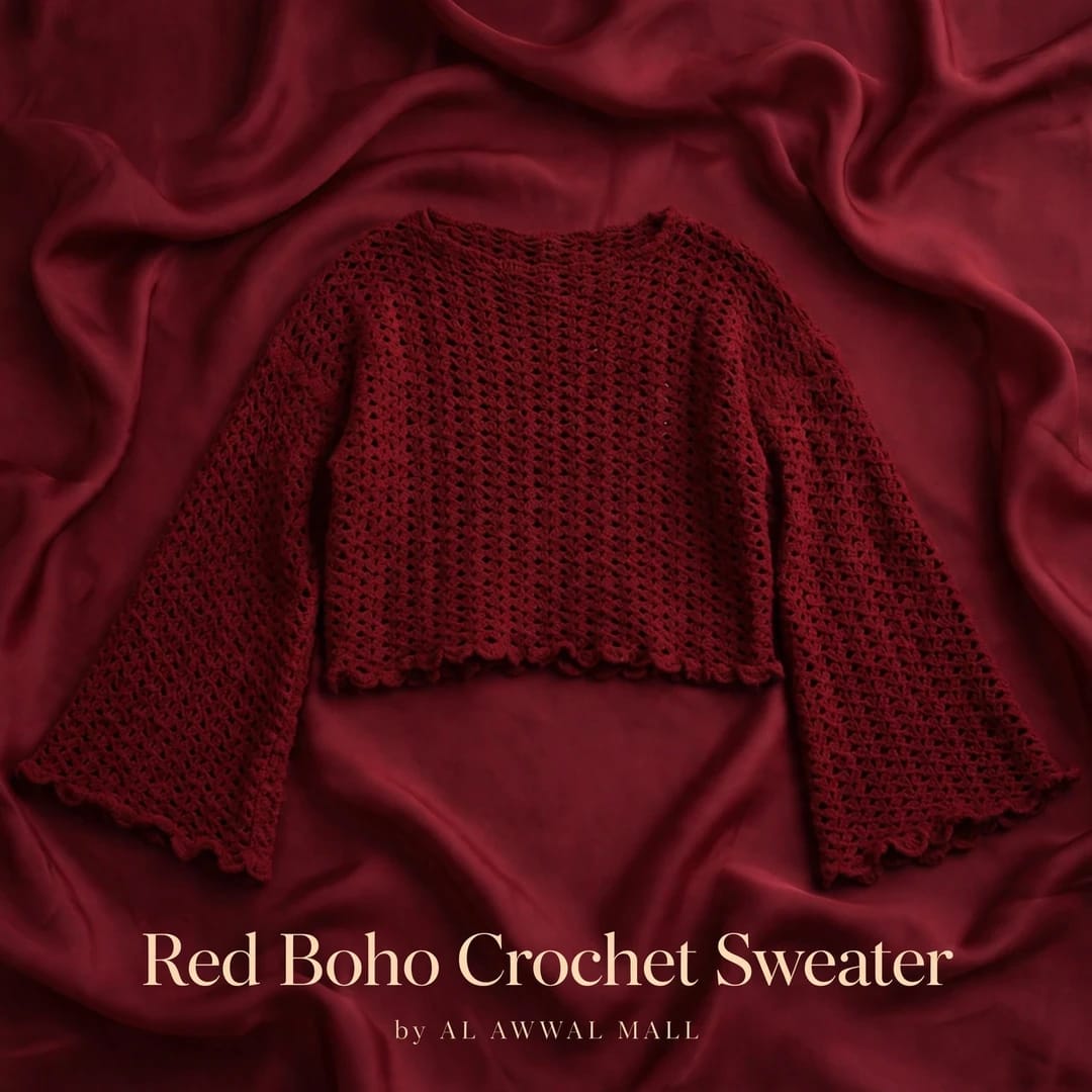 Handmade Crochet Maroon Top with Ruffle Details and Long Bell Sleeves