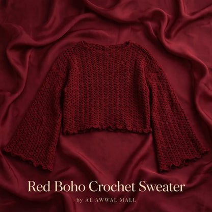 Handmade Crochet Maroon Top with Ruffle Details and Long Bell Sleeves