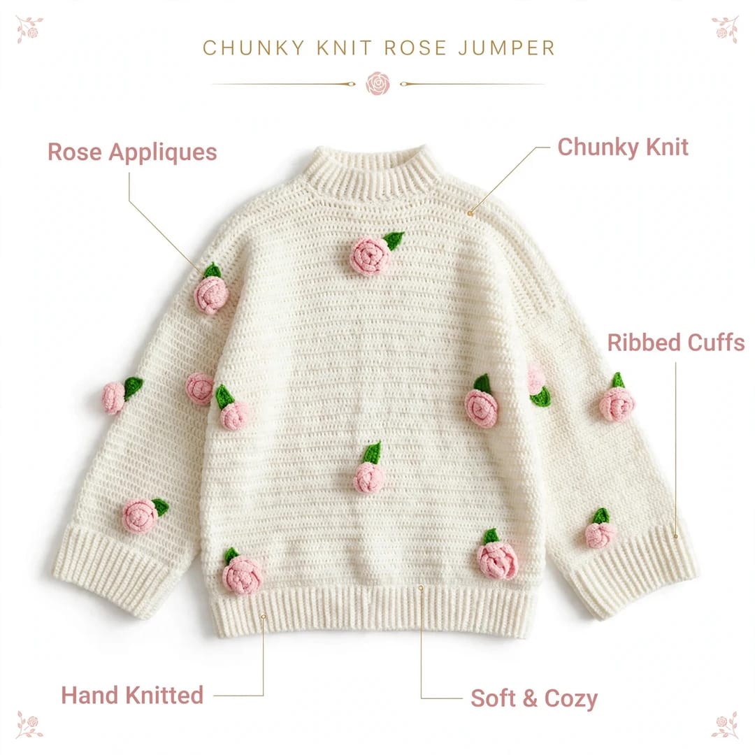Handmade Crochet Top with Ribbed Texture, Round Neck, Rose Flowers and Green Leaves