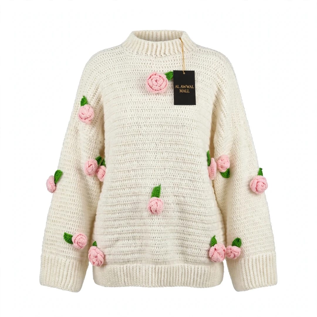 Handmade Crochet Top with Ribbed Texture, Round Neck, Rose Flowers and Green Leaves