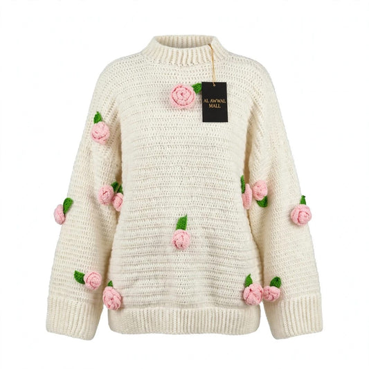 Handmade Crochet Top with Ribbed Texture, Round Neck, Rose Flowers and Green Leaves
