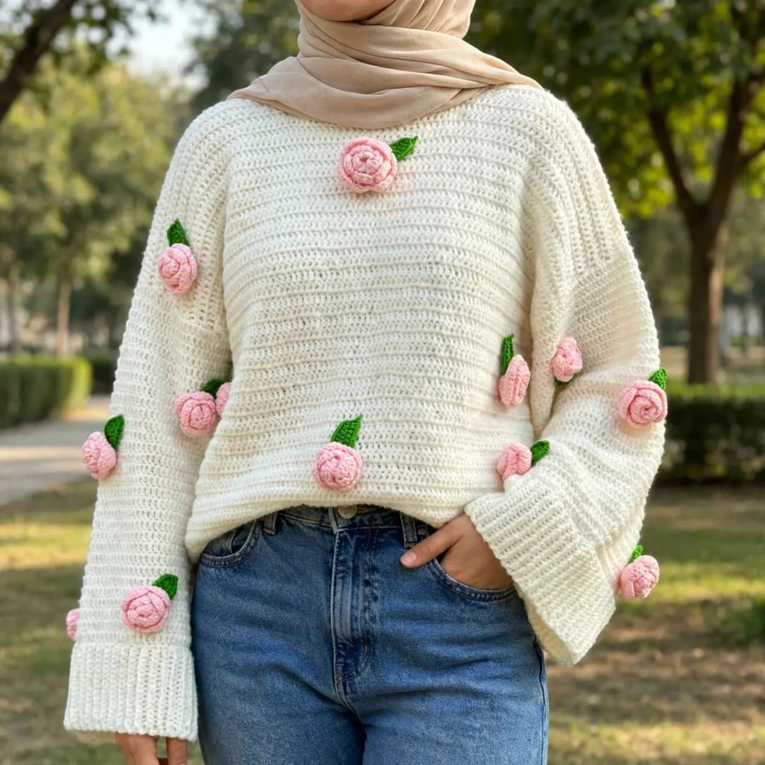 Handmade Crochet Top with Ribbed Texture, Round Neck, Rose Flowers and Green Leaves
