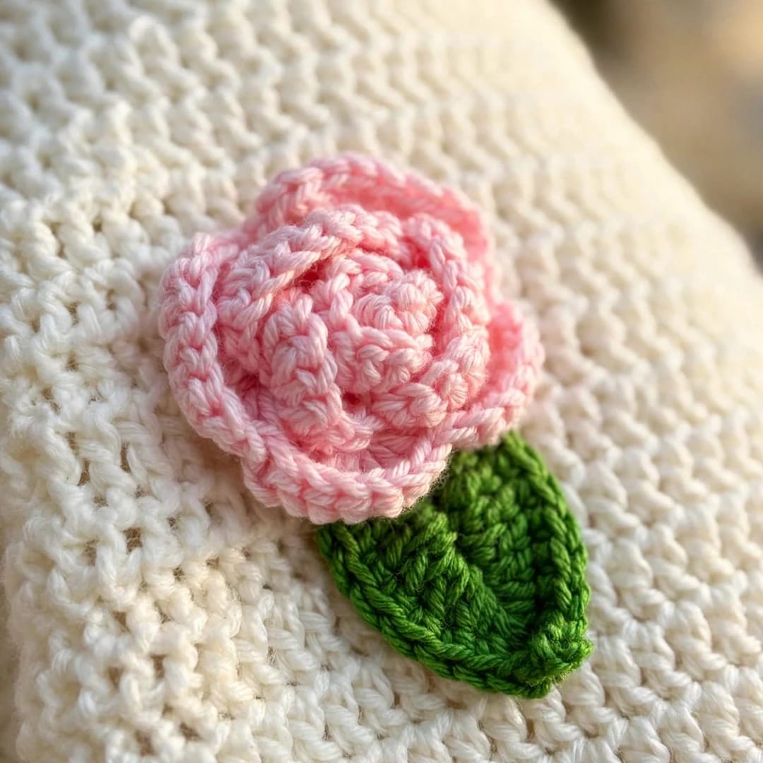 Handmade Crochet Top with Ribbed Texture, Round Neck, Rose Flowers and Green Leaves