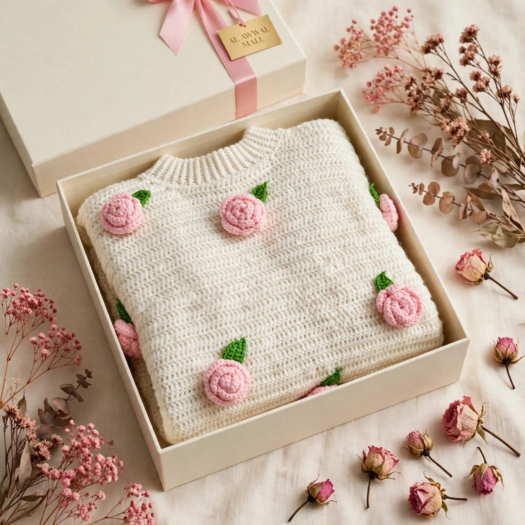 Handmade Crochet Top with Ribbed Texture, Round Neck, Rose Flowers and Green Leaves