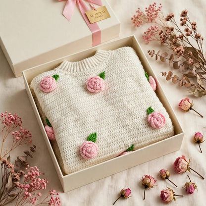 Handmade Crochet Top with Ribbed Texture, Round Neck, Rose Flowers and Green Leaves
