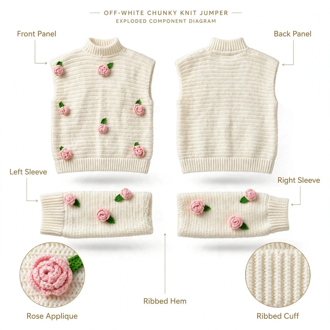 Handmade Crochet Top with Ribbed Texture, Round Neck, Rose Flowers and Green Leaves