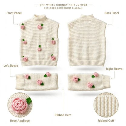 Handmade Crochet Top with Ribbed Texture, Round Neck, Rose Flowers and Green Leaves