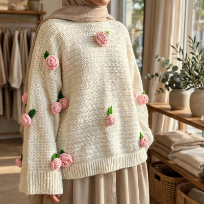 Handmade Crochet Top with Ribbed Texture, Round Neck, Rose Flowers and Green Leaves